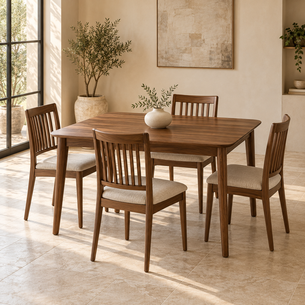 Wooden dining table with four cushioned chairs