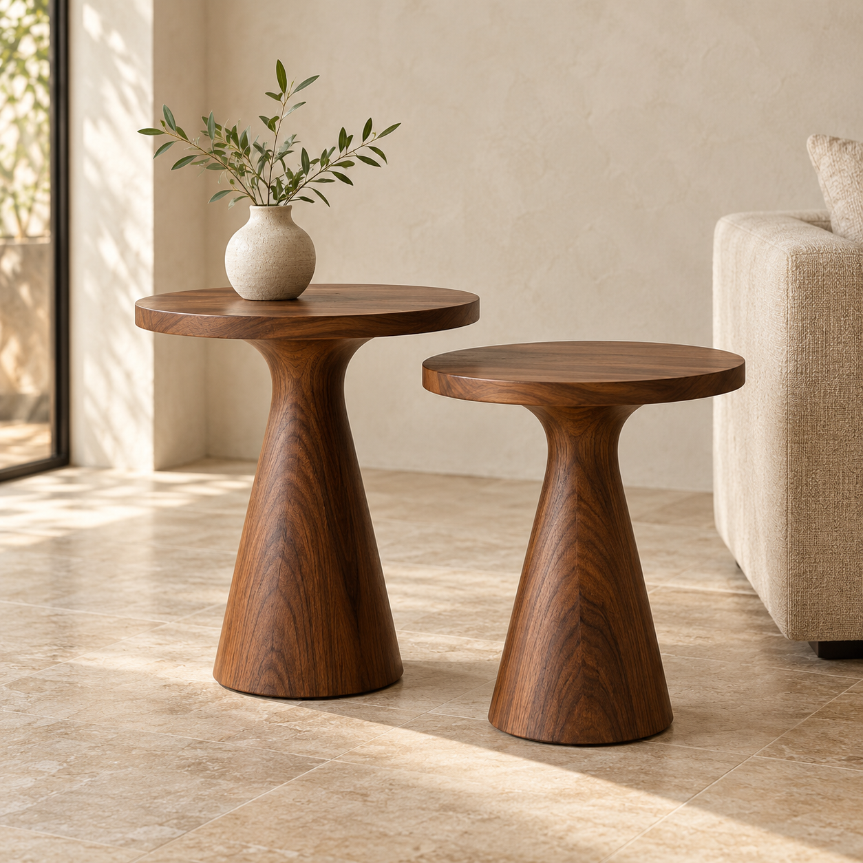 Two sculptural wooden side tables beside a cream sofa