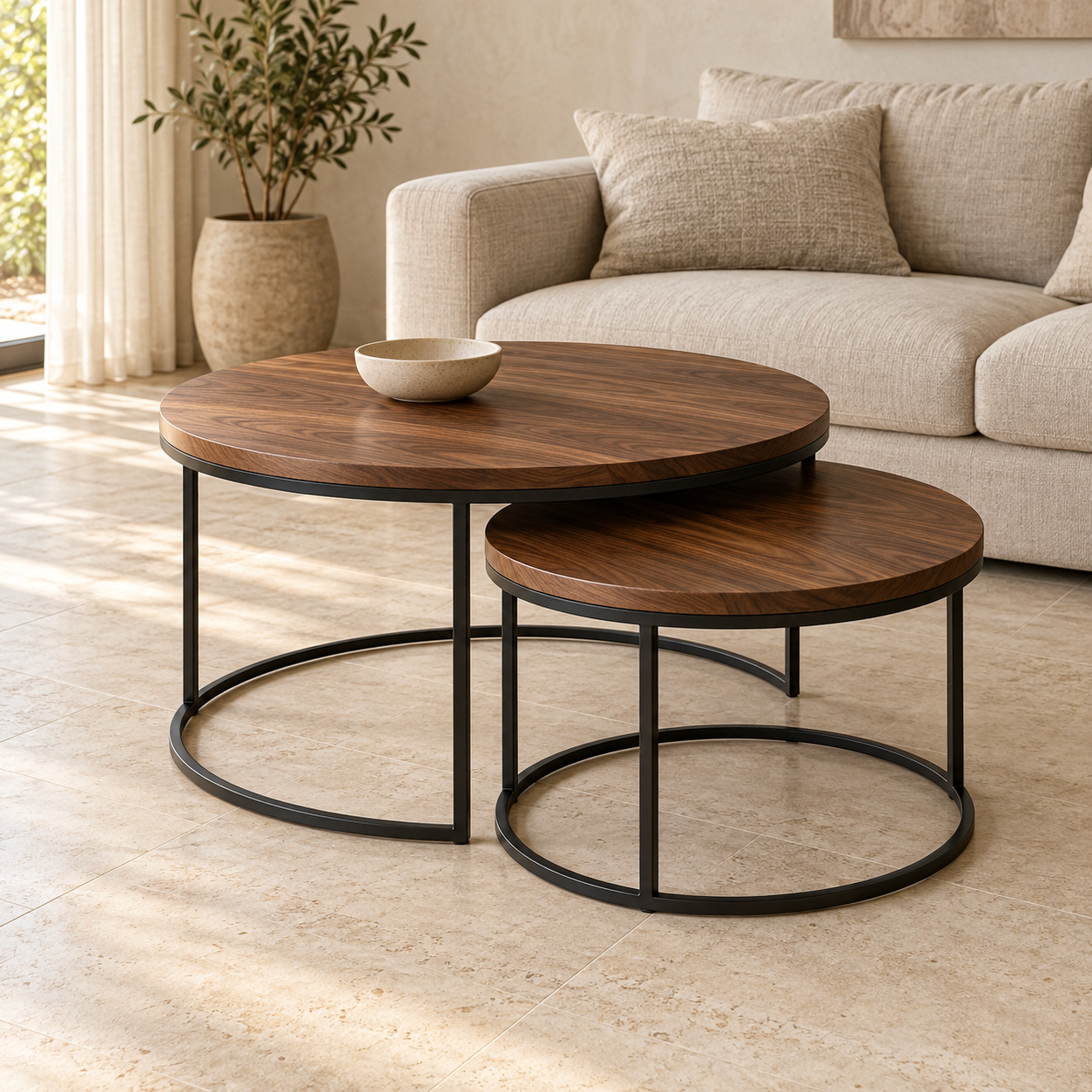 Round wooden nesting tables with black metal frames